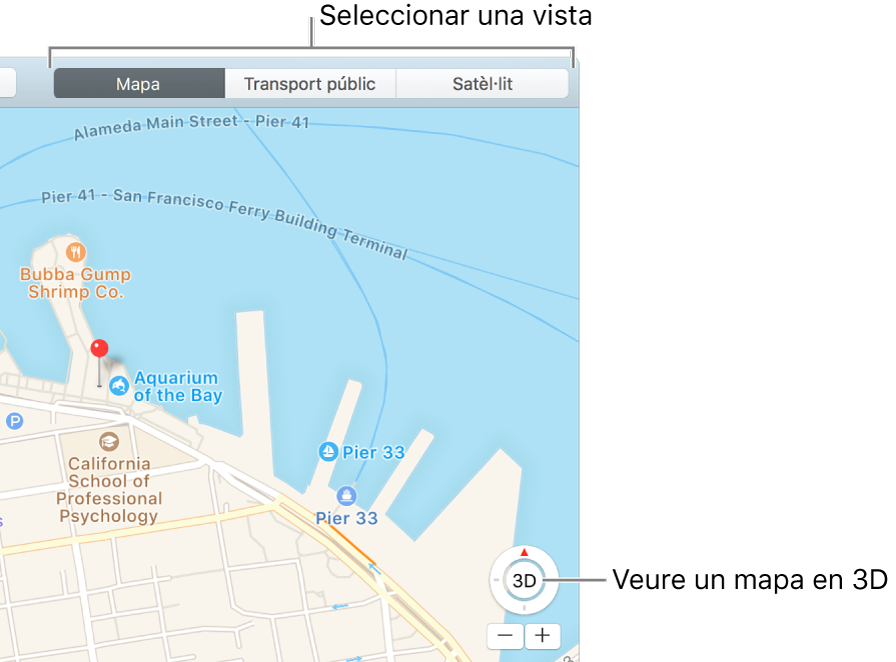 Fer clic a Mapa o Satèl·lit a la barra d’eines per canviar la vista. Per veure un mapa en 3D, fes clic al botó de la part inferior de la finestra.