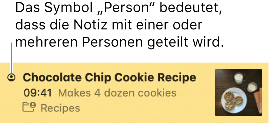 Eine Notiz, zu der Personen hinzugefügt wurden, mit dem Personensymbol links neben dem Namen der Notiz