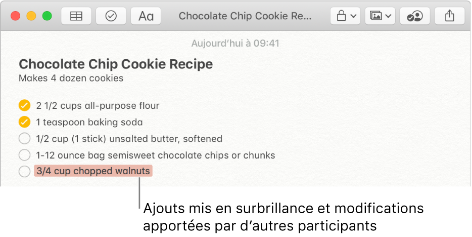Une note contenant une recette de cookies aux pépites de chocolat. Les ajouts des autres participants sont indiqués en rouge.