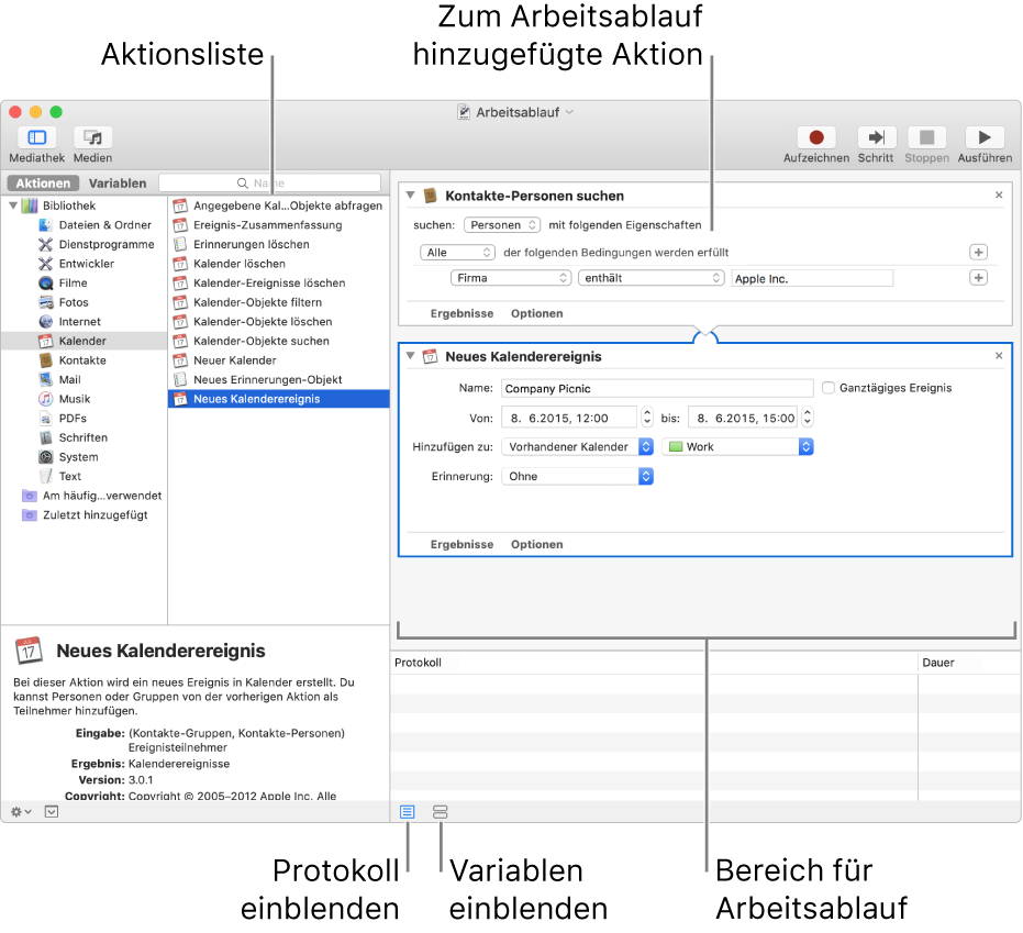 Das Automator-Fenster Die Bibliothek erscheint ganz rechts und enthält eine Liste der Apps, für die Automator Aktionen bereitstellt. Die App „Kalender“ ist in der Liste ausgewählt und für Kalender verfügbare Aktionen sind in der rechten Spalte aufgelistet. Auf der rechten Seite des Fensters befindet sich ein Arbeitsablauf, dem eine Kalenderaktion hinzugefügt wurde.