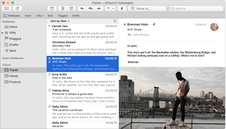 The sidebar in the Mail window showing several mailboxes for an iCloud account.