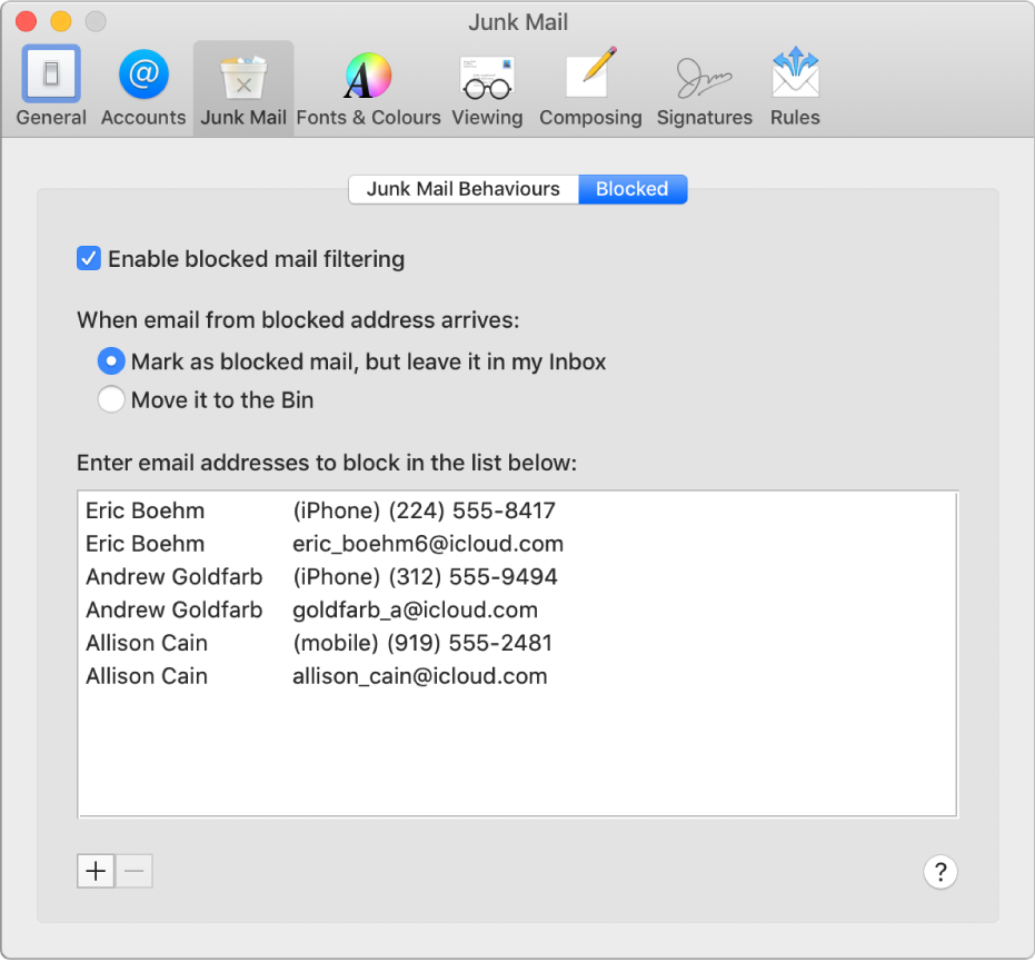 The Blocked preference pane showing a list of blocked senders. The tick box to enable blocked mail filtering is selected, as is the option to mark blocked mail but leave it in the Inbox upon arrival.