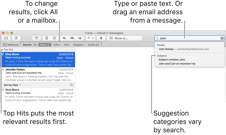 The mailbox being searched is highlighted in the search bar. To search a different mailbox, click its name. You can type or paste text into the search field, or drag an email address from a message. As you type, suggestions appear below the search field. They are organised into categories, such as Subject or Attachments, depending on your search text. Top Hits puts the most relevant results first.