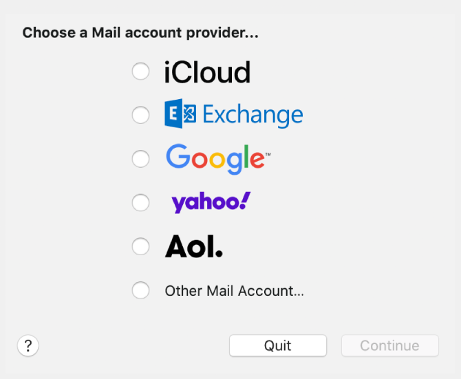 The dialogue to choose an email account type, showing iCloud, Exchange, Google, Yahoo, AOL and Other Mail Account.