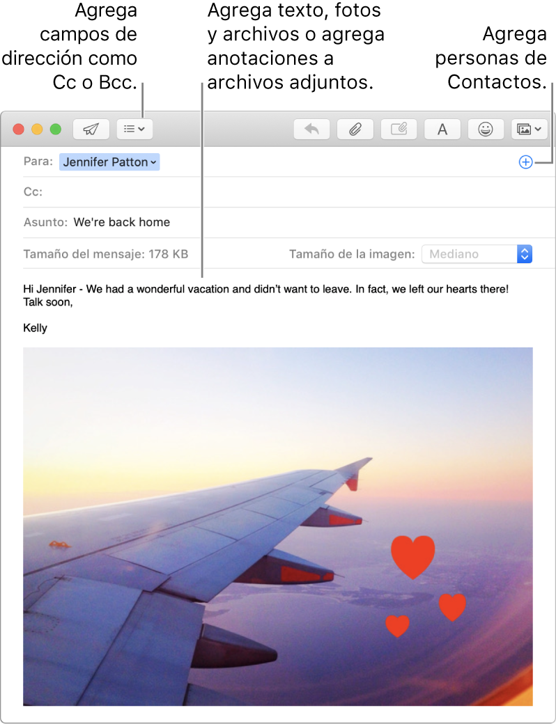 Una ventana de mensaje nuevo indicando el botón “Campos de encabezado”, mostrando el botón Agregar en el campo de direcciones para agregar personas de Contactos y mostrando una imagen marcada en el cuerpo del mensaje.