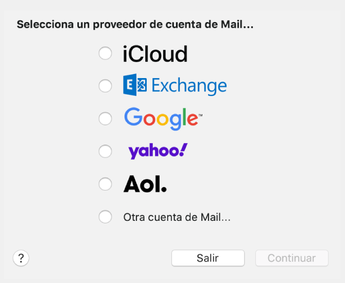 El diálogo para seleccionar un tipo de cuenta de correo mostrando iCloud, Exchange, Google, Yahoo, AOL y “Otra cuenta de Mail”.