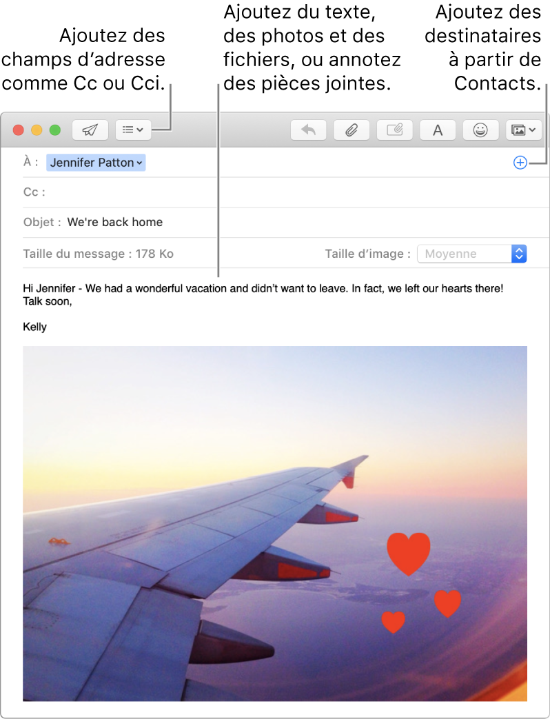 Fenêtre de nouveau message indiquant le bouton Champs d’en-tête, le bouton Ajouter dans un champ d’adresse (pour ajouter des personnes à partir de Contacts) et une image annotée dans le corps du message.
