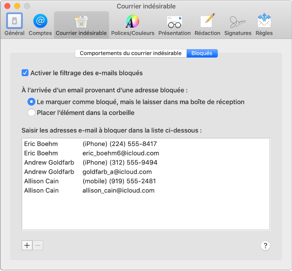 La sous-fenêtre des préférences Bloqués affichant une liste des expéditeurs bloqués. La case d’activation du filtrage des e-mails bloqués est cochée, de même que l’option pour marquer les e-mails bloqués tout en les laissant dans la boîte de réception à l’arrivée.