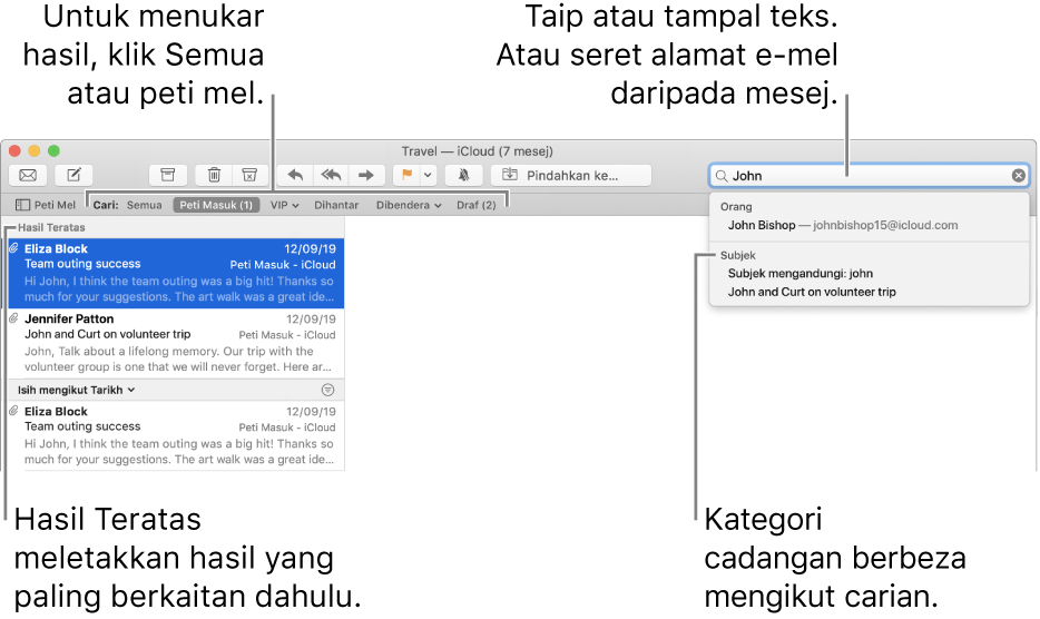 Peti mel yang sedang dicari diserlahkan dalam bar carian. Untuk mencari dalam peti mel berbeza, klik namanya. Anda boleh taip atau tampal teks ke dalam medan carian, atau seret alamat e-mel dari mesej. Semasa anda taip, cadangan muncul di bawah medan carian. Ia diatur ke dalam kategori, seperti Subjek atau Lampiran, bergantung kepada teks carian anda. Hasil Teratas meletakkan hasil paling berkaitan dahulu.