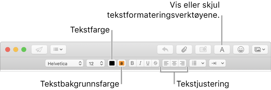 Verktøylinjen og formateringslinjen i et nytt meldingsvindu som viser knapper for tekstfarge, bakgrunnsfarge og tekstjustering.