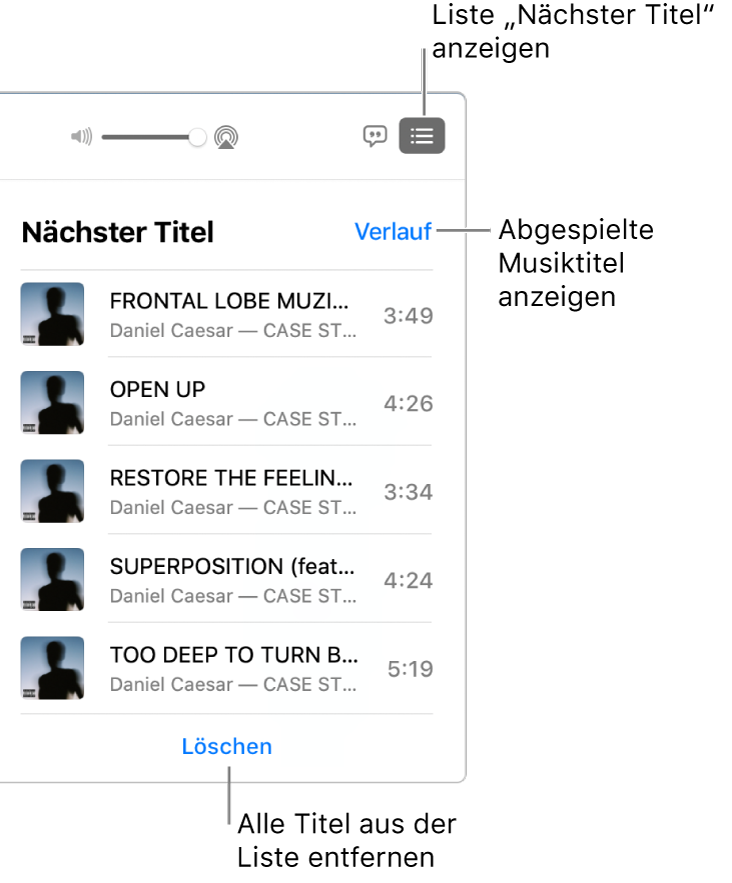 Die Taste „Nächster Titel“ im Banner mit der Liste „Nächster Titel“. Klicke auf den Link „Verlauf“, um die Liste „Zuletzt Gespieltes“ anzuzeigen. Klicke auf den Link „Löschen“ unten in der Liste, um alle Titel aus der Liste zu entfernen.