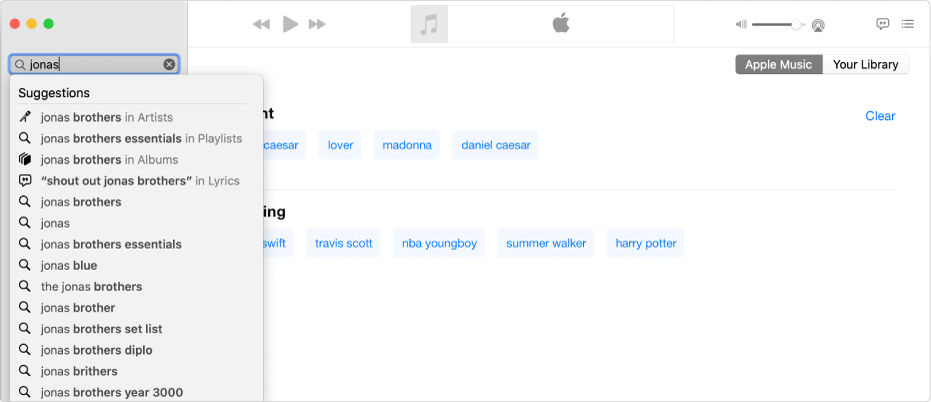 The Music screen showing Apple Music selected in the top-right corner, and “Jonas” entered in the search field in the top-left corner. Suggested Apple Music results for “Jonas” are displayed in the list below the search field.
