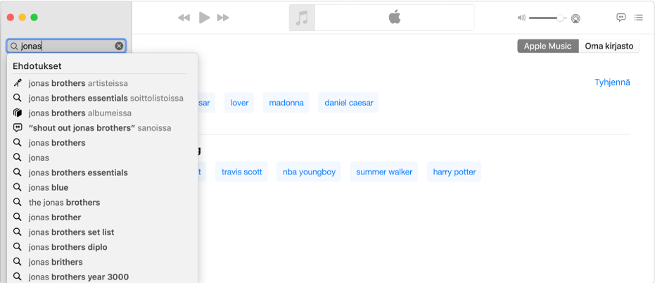 Musiikki-apin näytössä näkyy Apple Music valittuna oikeassa yläkulmassa ja teksti ”Jonas” hakukentässä vasemmassa yläkulmassa. Luettelossa hakukentän alapuolella näkyvät ehdotetut Apple Music ‑tulokset haulle ”Jonas”.