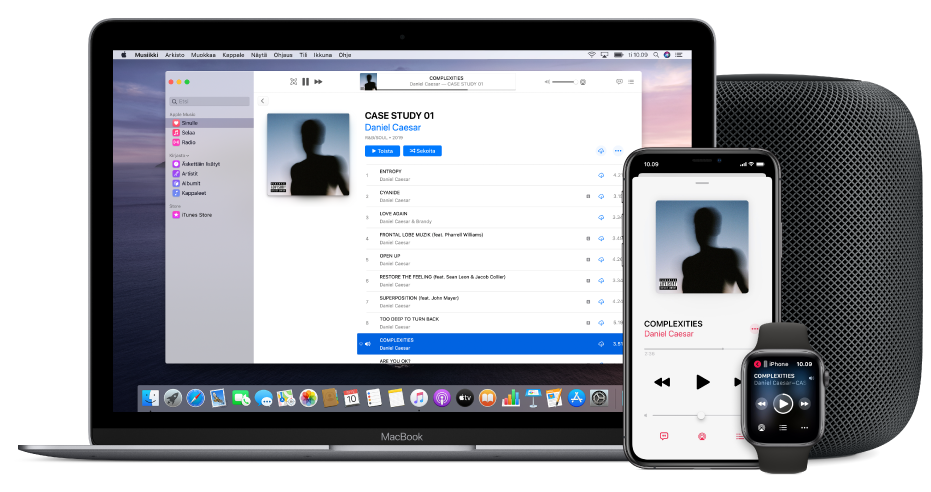 Toistettava kappale Macissa, iPhonessa ja Apple Watchissa HomePodilla.