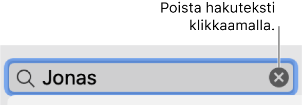Hakukenttä, johon on kirjoitettu hakuteksti; poistopainike on kentän oikealla puolella.