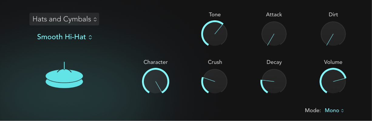 Abbildung. Bedienoberfläche von Drum Synth mit einem Becken-Sound und den dazugehörigen Parametern Die Parameter ändern sich, wenn ein anderer Hat- oder Becken-Sound gewählt wird.