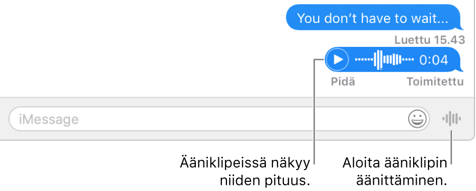 Viestit-ikkunassa oleva keskustelu, jossa näkyy Lähetä ääniviesti -painike tekstikentän vieressä ikkunan alaosassa.