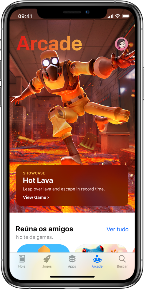 Tela Arcade da App Store exibindo um jogo em destaque. Sua foto do perfil, a qual você pode tocar para visualizar compras e gerenciar assinaturas, está na parte superior direita. Ao longo da parte inferior, da esquerda para a direita, encontram-se as abas Hoje, Jogos, Apps, Arcade e Buscar.