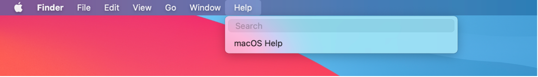 A partial desktop with the Help menu open, showing the menu options Search and macOS Help.