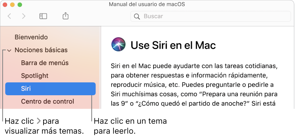Visor de Ayuda donde se muestra cómo ver los temas enumerados en la barra lateral y cómo mostrar el contenido de un tema.