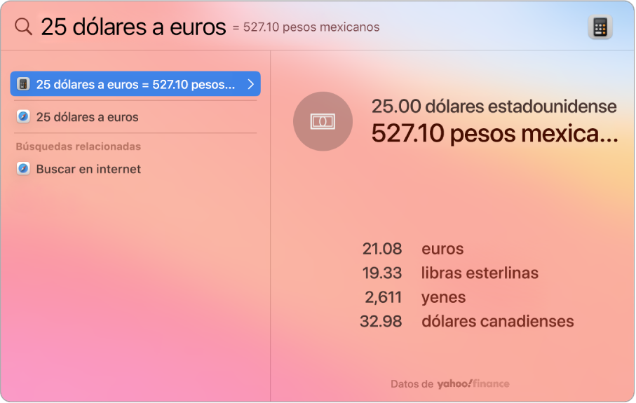 Una captura de pantalla con dólares convertidos en pesos con un mejor resultado que muestra la conversión y varios resultados que puedes seleccionar.