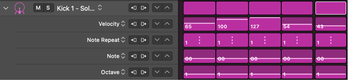 Step Sequencer-Zeile mit eingeblendeten Unterzeilen