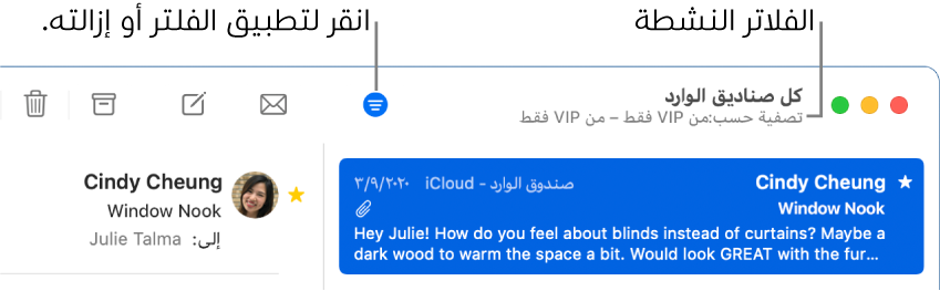 نافذة البريد تظهر شريط الأدوات فوق قائمة الرسائل، حيث يشير البريد إلى الفلاتر، مثل “من VIP فقط”، التي يتم تطبيقها.