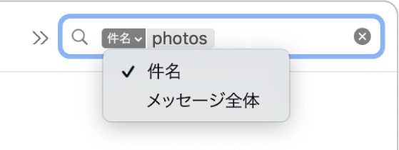 検索フィルタ。次の2つのオプションを表示するために下矢印がクリックされています: 「件名」と「メッセージ全体」。「件名」が選択されています。