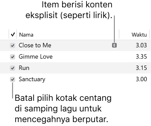 Detail tampilan Lagu di musik, menampilkan kotak centang di sebelah kiri dan simbol eksplisit untuk lagu pertama (menandakan lagu memiliki konten eksplisit seperti lirik). Batalkan pilihan kotak centang di samping lagu untuk mencegahnya diputar.