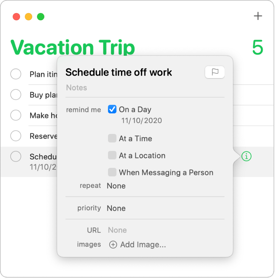 A reminder list showing the inspector window for a reminder.