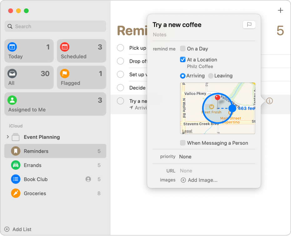 A reminder details window showing a notification set up for a location.