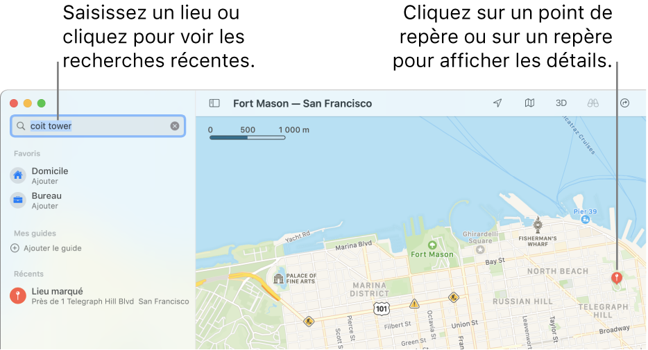 Saisissez un lieu dans le champ de recherche ou cliquez dessus pour afficher les recherches récentes. Cliquez sur un point de repère ou sur un repère pour afficher des détails.