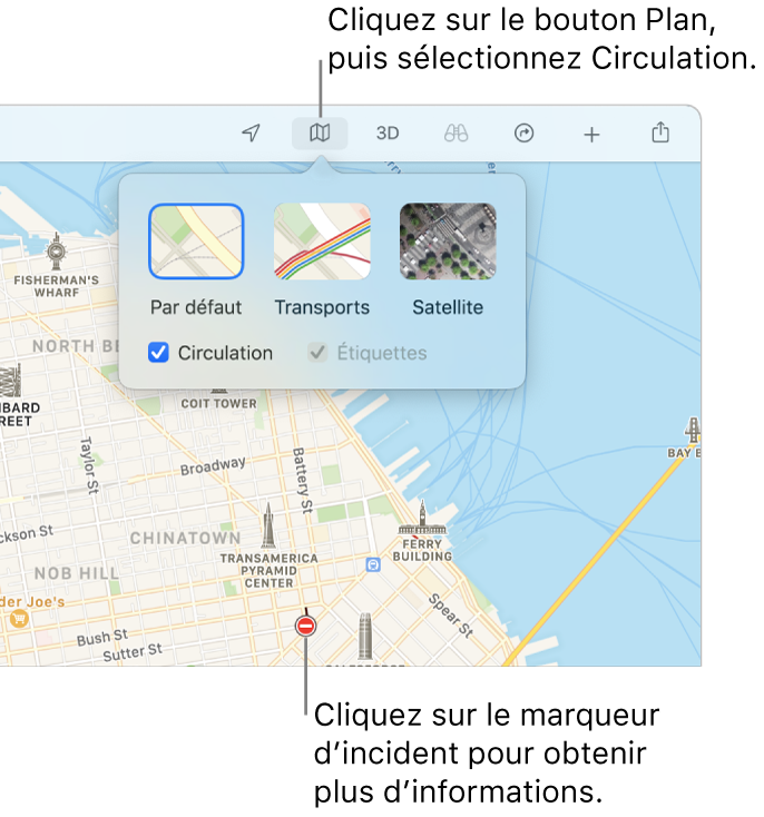 Un plan de San Francisco avec les optons du plan affichées, la case Circulation cochée, et les incidents de circulation sur le plan.