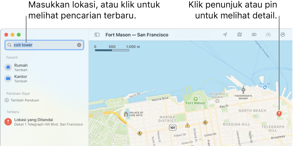 Masukkan lokasi di bidang pencarian atau klik bidang pencarian untuk melihat pencarian terbaru. Klik penanda atau pin untuk melihat detail.