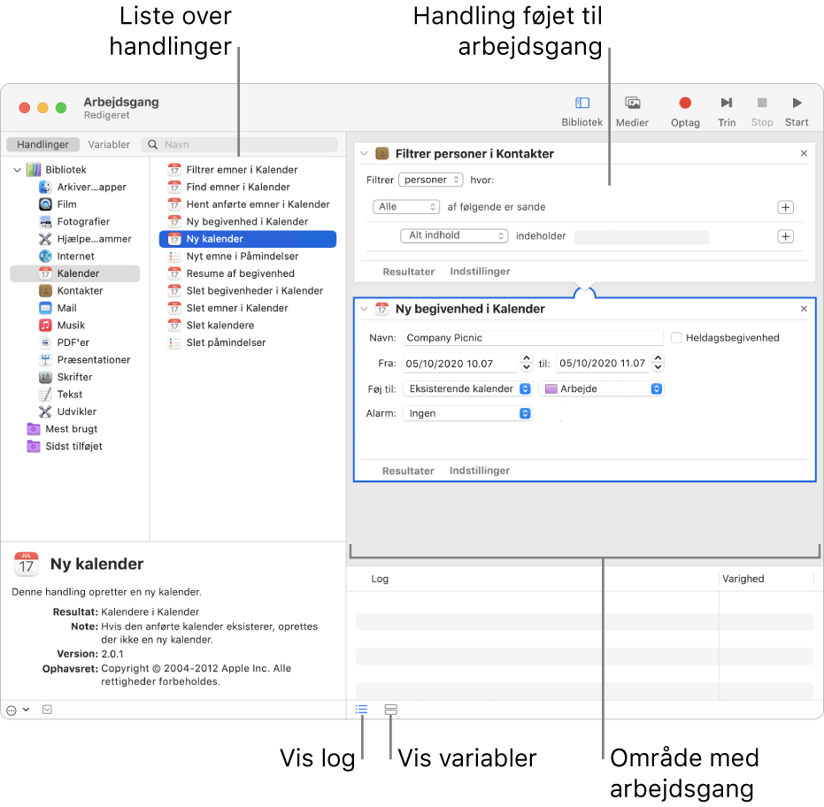 Automator-vinduet. Biblioteket vises helt til venstre og indeholder en liste over programmer, som Automator har handlinger til. Programmet Kalender er valgt på listen, og de tilgængelige handlinger i Kalender vises i kolonnen til højre. I højre side af vinduet er en arbejdsgang, der har fået tilføjet en Kalenderhandling.