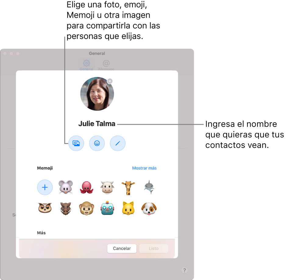 Al configurar “Compartir nombre y foto”, puedes elegir una foto, emoji, Memoji u otra imagen para compartirla con las personas que quieras; y de forma adicional, ingresa tu nombre de la forma que quieres que otros lo vean.