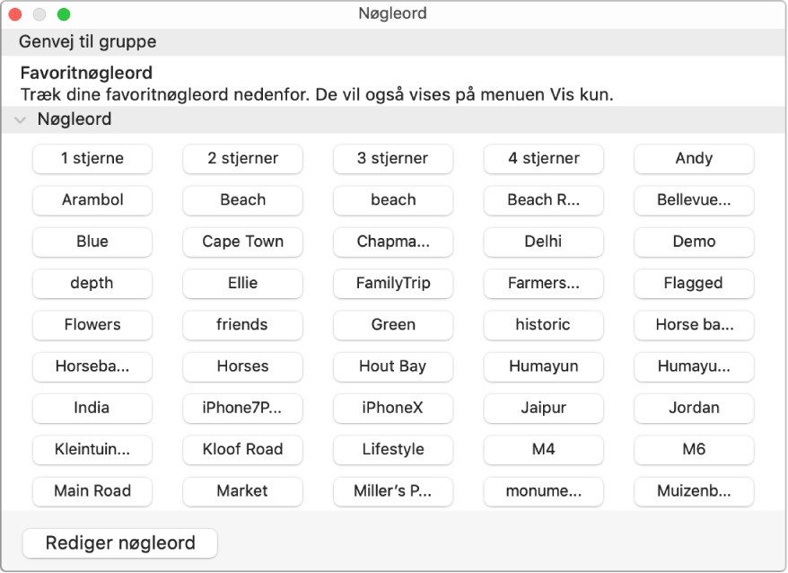 Nøgleord i vinduet Nøgleordsadministrator.