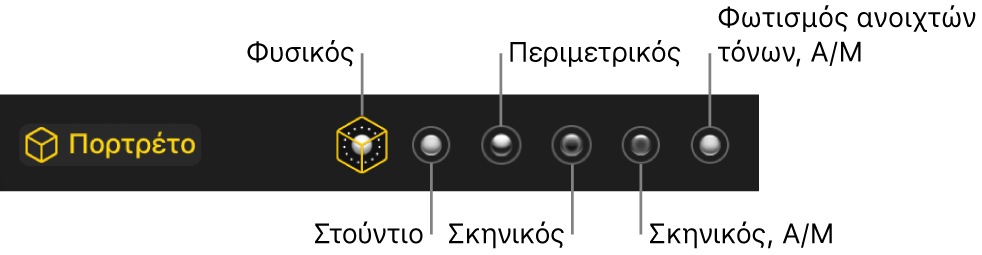 Επιλογές εφέ φωτισμού σε λειτουργία Πορτρέτου, συμπεριλαμβανομένων (από αριστερά προς τα δεξιά) των επιλογών «Φυσικός», «Στούντιο», «Περίγραμμα», «Σκηνικός», «Σκηνικός, Α/Μ» και «Φωτισμός ανοιχτών τόνων Α/Μ».