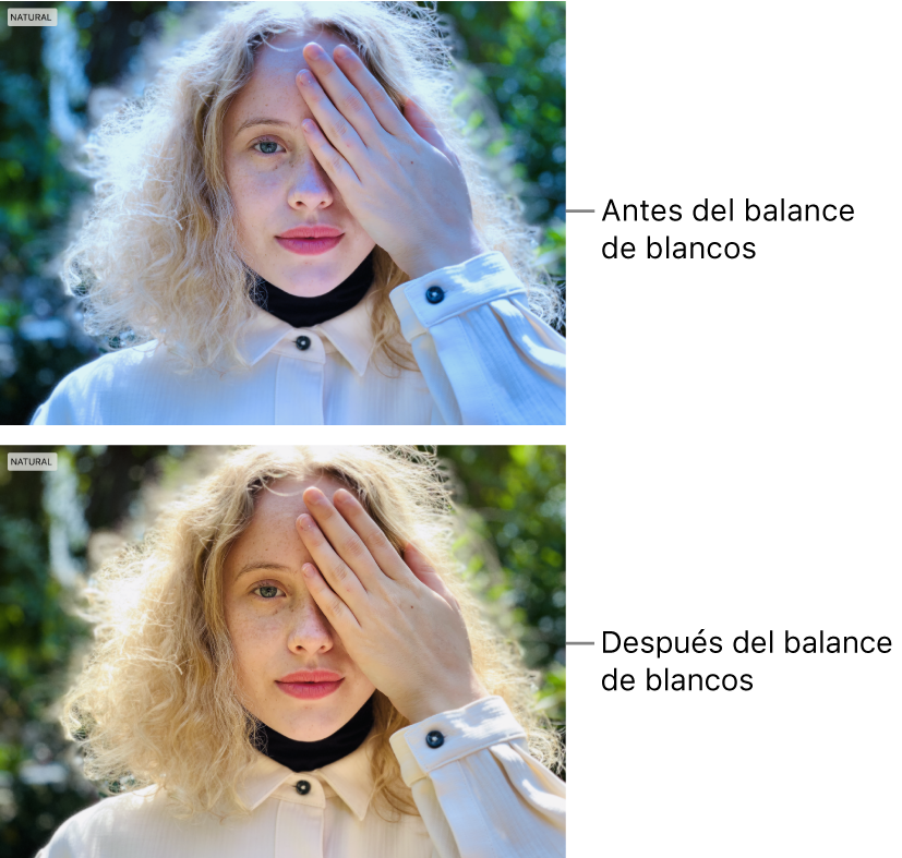 Una foto del antes y después de un ajuste de balance de blancos.