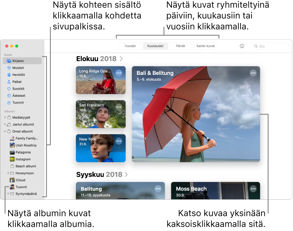 Kuvat-ikkunassa on valittuna työkalupalkissa Kuukaudet, ja kuvat näkyvät ikkunan pääalueella järjestettyinä kuukausittain. Vasemmalla on sivupalkki, josta voit valita albumeita ja projekteja.