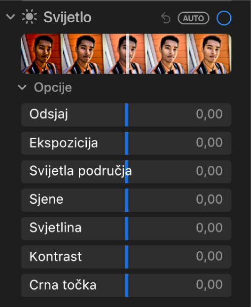 Područje Svjetlo prozora Prilagodi koji prikazuje kliznike za Odsjaj, Ekspoziciju, Svijetla područja, Sjene, Svjetlinu, Kontrast i Crnu točku.