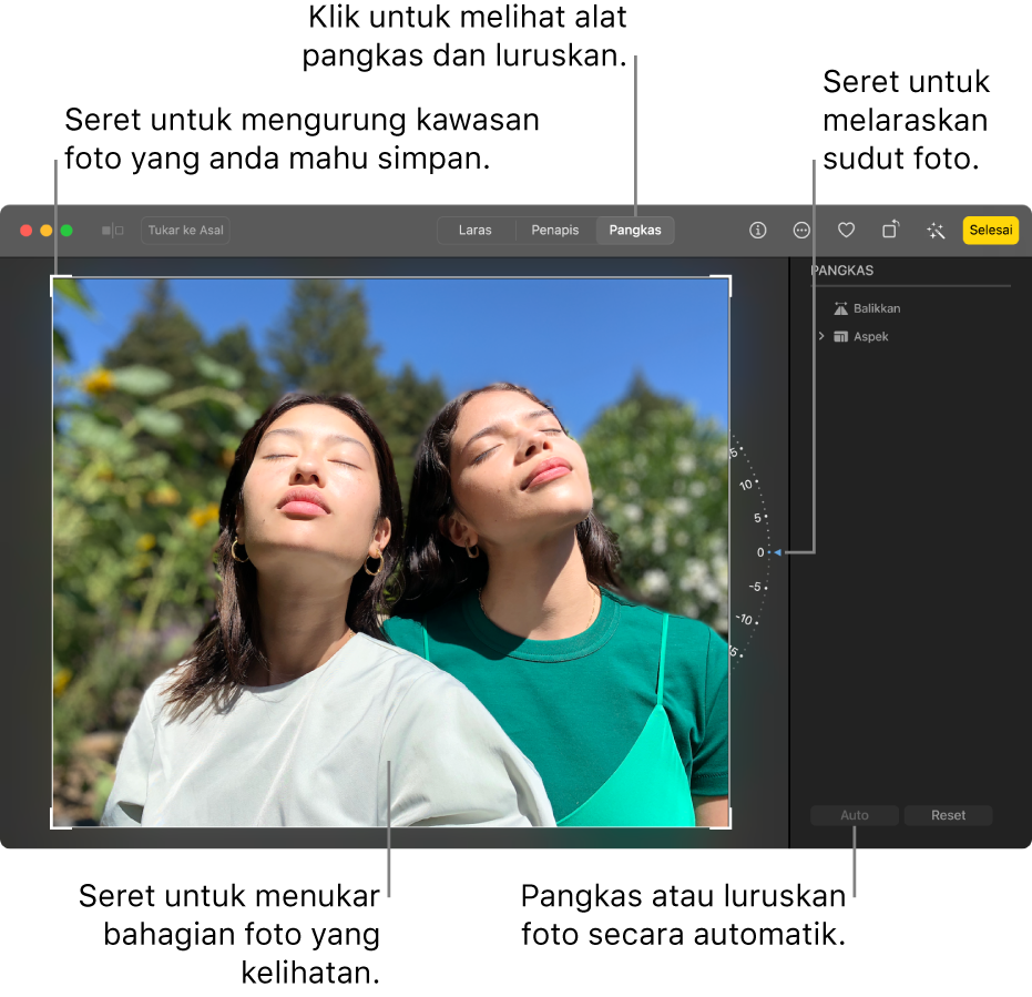 Foto dalam paparan pengeditan, dengan Pangkas dipilih dalam bar alat, segi empat tepat pilihan di sekeliling foto, roda condong di bahagian kanan foto dan butang Auto di bahagian kanan bawah.