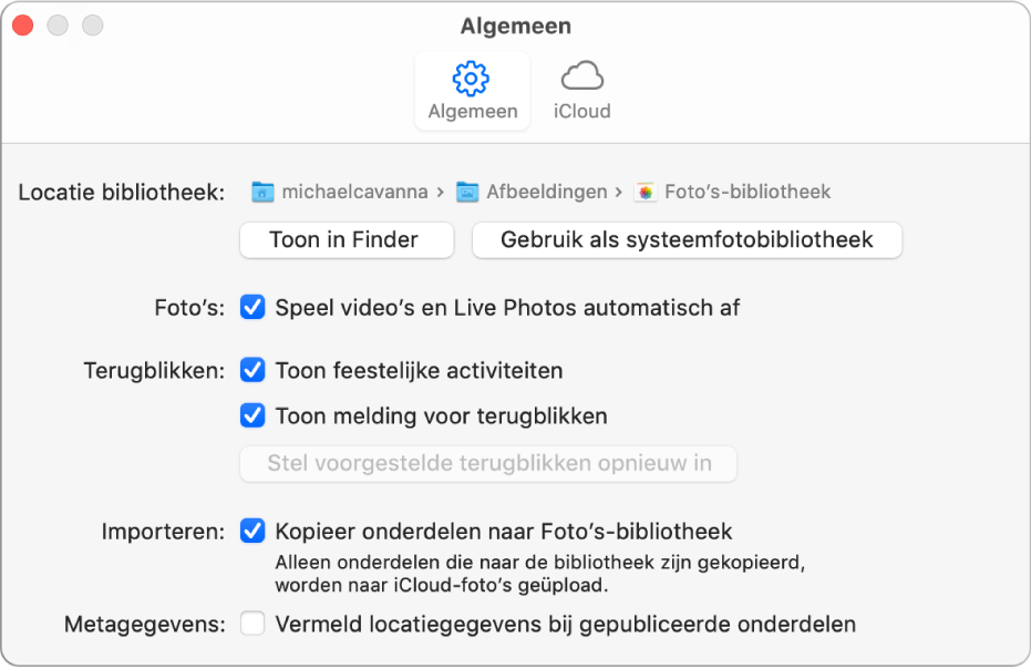 Het paneel 'Algemeen' in het voorkeurenvenster van Foto's.