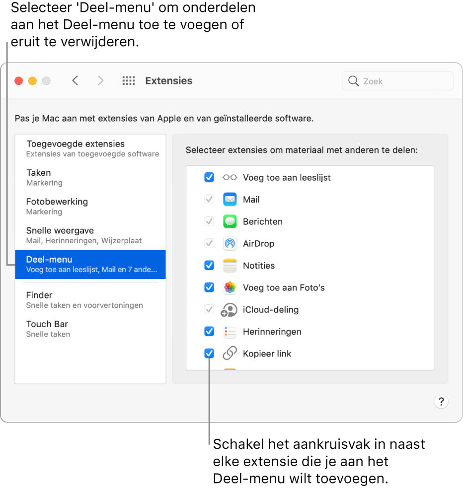 Het paneel 'Extensies' van Systeemvoorkeuren waarin het Deel-menu is geselecteerd. Rechts wordt een lijst met extensies van derden weergegeven.