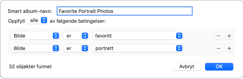 En dialogrute som viser kriterier for et Smart album som samler portrettbilder som har blitt markert som favoritter.