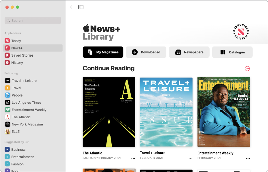 The Apple News window showing News+ selected in the sidebar. In the Apple News+ Library on the right, the collection My Magazines is selected. Below the title Continue Reading, issues are arranged in a grid.