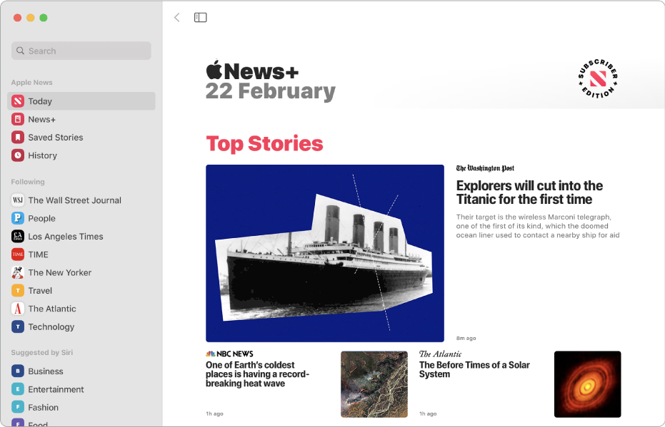 The Apple News window with the sidebar on the left and Top Stories on the right.