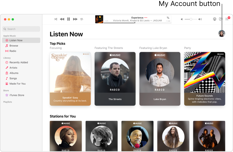 The Apple Music window showing Listen Now. The My Account button (which looks like a photo or monogram) is in the top-right corner of the window.