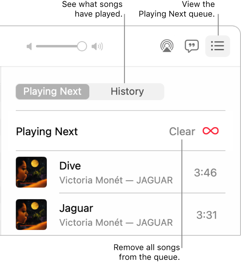 The top-right corner of the Music window with the Playing Next button in the banner showing the Playing Next queue. Click the History link to see the previously played songs. Click the Clear link to remove all songs from the queue.