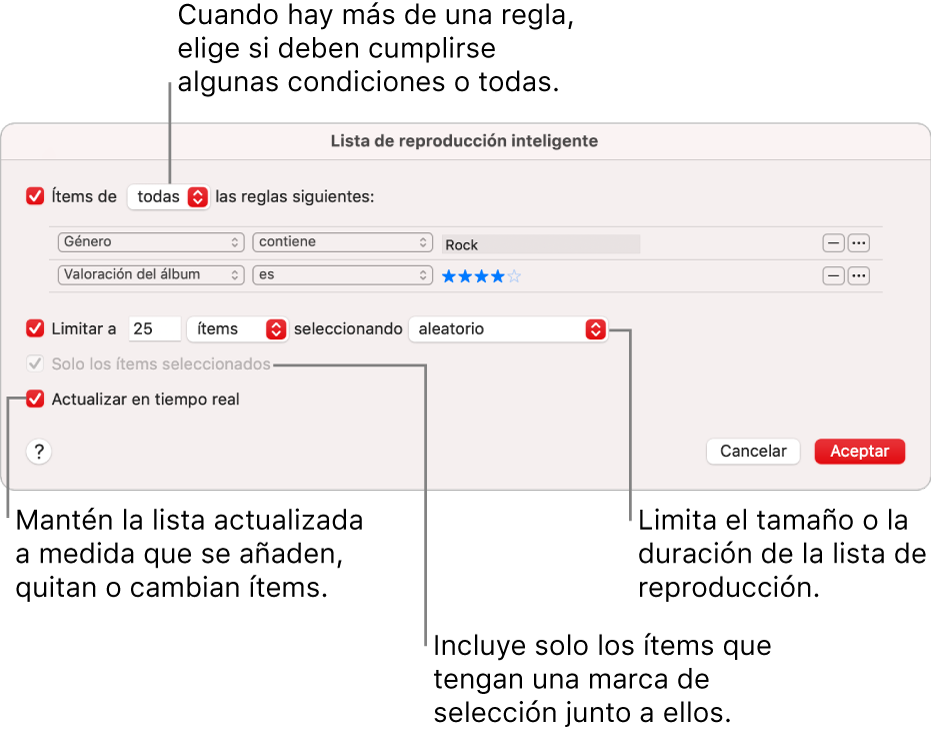 El cuadro de diálogo de “Lista de reproducción inteligente”: En la esquina superior izquierda, selecciona “Ítems de” y especifica los criterios de la lista (como el género o la puntuación). Sigue añadiendo o eliminando reglas haciendo clic en el botón Añadir o Eliminar de la esquina superior derecha. Selecciona varias opciones en la parte inferior del cuadro de diálogo, como el límite del tamaño o la duración de la lista de reproducción, si incluir solo las canciones seleccionadas o hacer que Música actualice la lista de reproducción si cambian los ítems de la biblioteca.